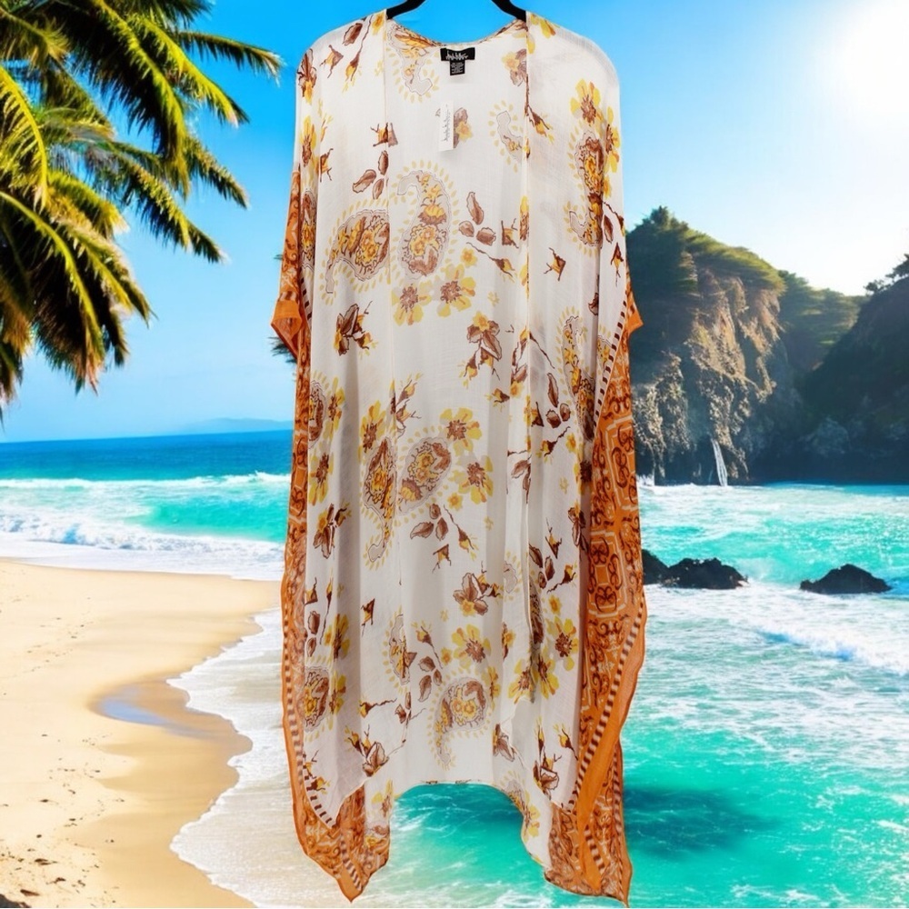 NEW Nicole Miller Orange Floral Vacation Resort Island Swim‎ Coverup Kimono OS
